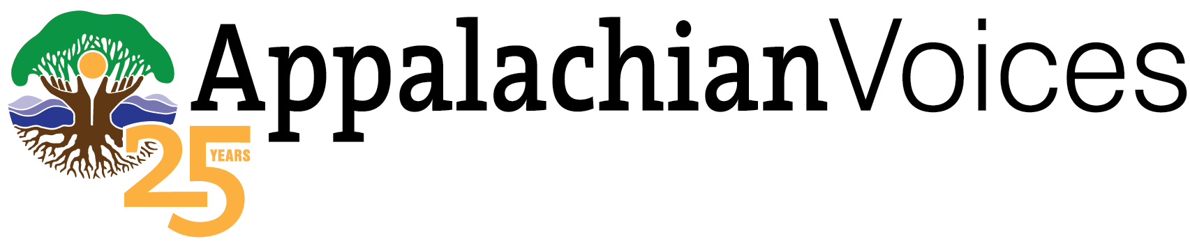 AppVoices 25th anniversary logo horiz white outline